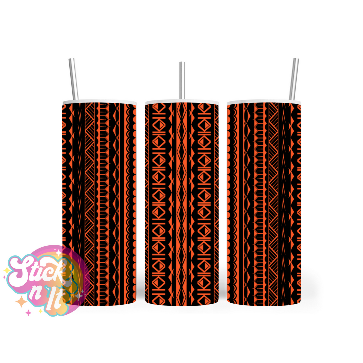 Stainless steel tumbler featuring Cook Islands Polynesian design in orange