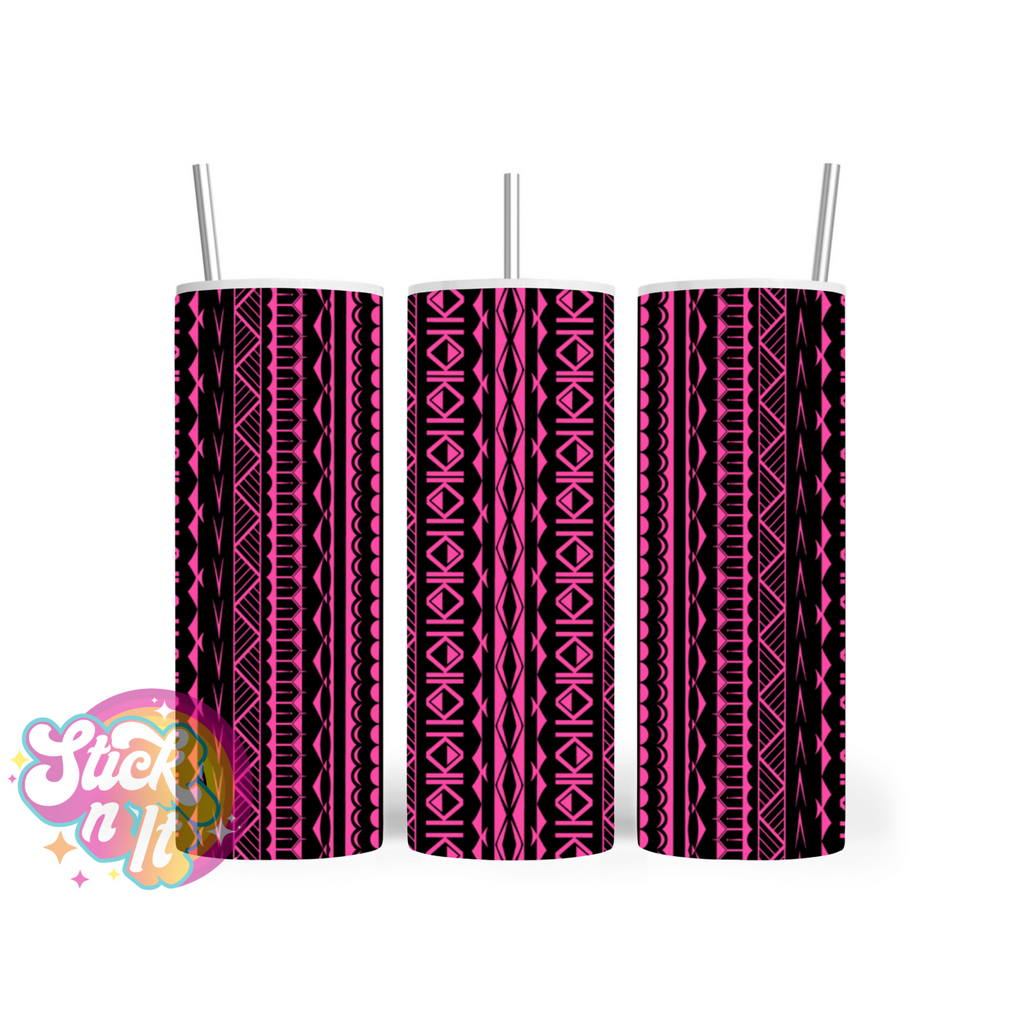 Stainless steel tumbler featuring Cook Islands Polynesian design in pink