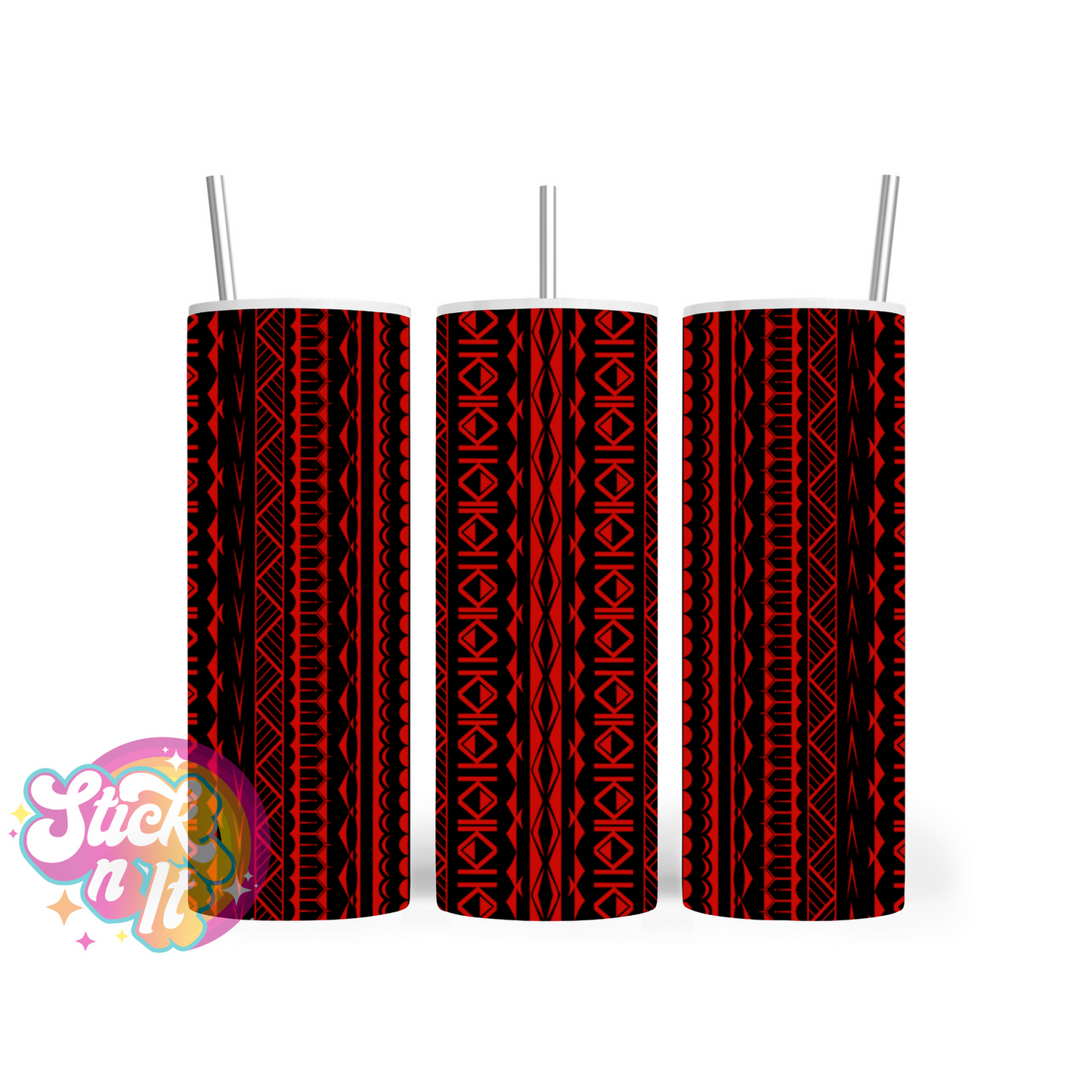 Stainless steel tumbler featuring Cook Islands Polynesian design in red