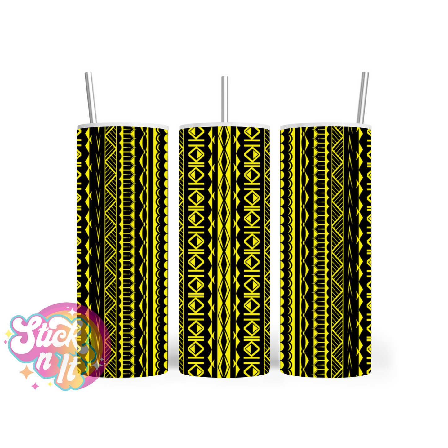 Stainless steel tumbler featuring Cook Islands Polynesian design in yellow