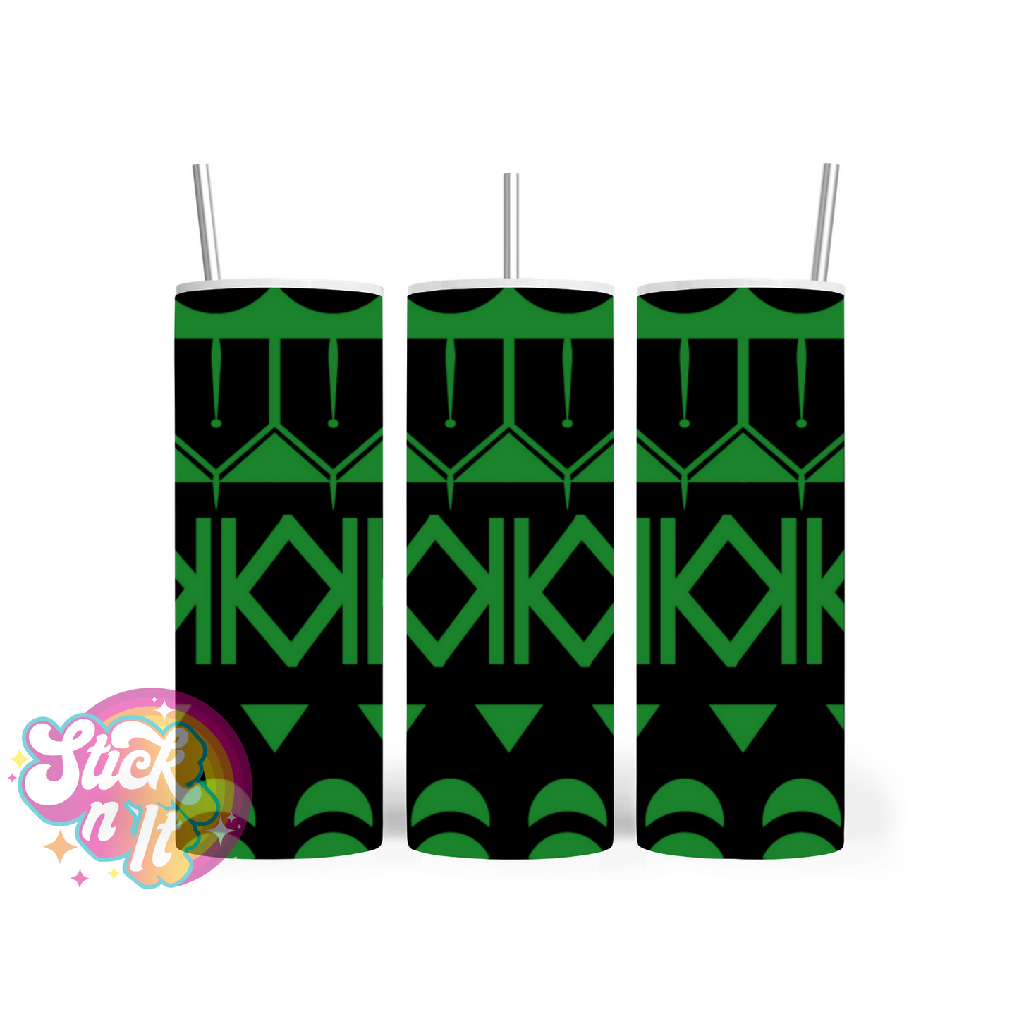 Stainless steel tumbler featuring Pacific Islands Cook Islands design in green
