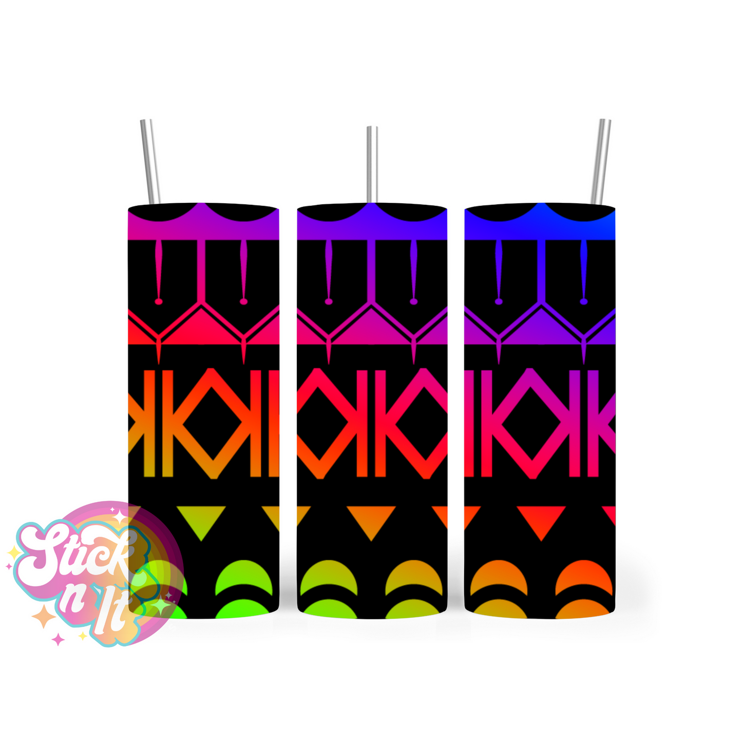 Stainless steel tumbler featuring Pacific Islands Cook Islands design in neon and black