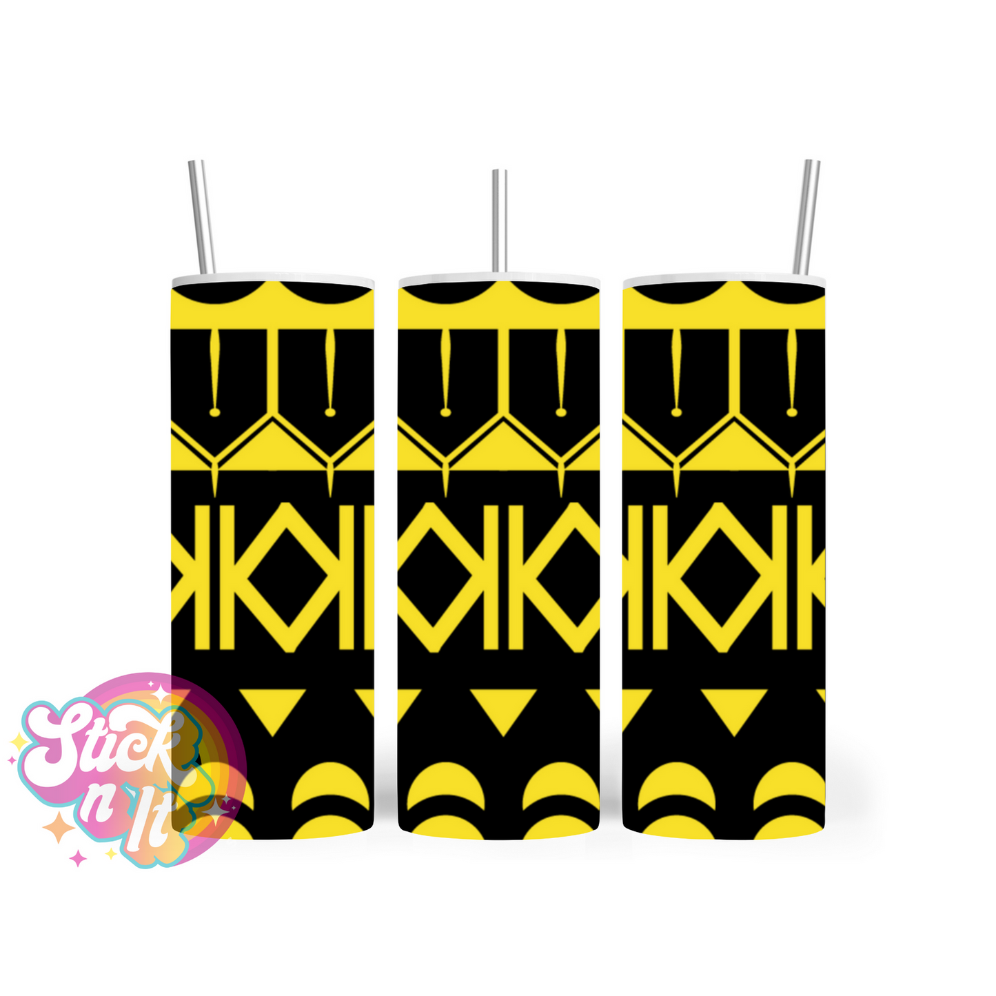 Stainless steel tumbler featuring Pacific Islands Cook Islands design in yellow