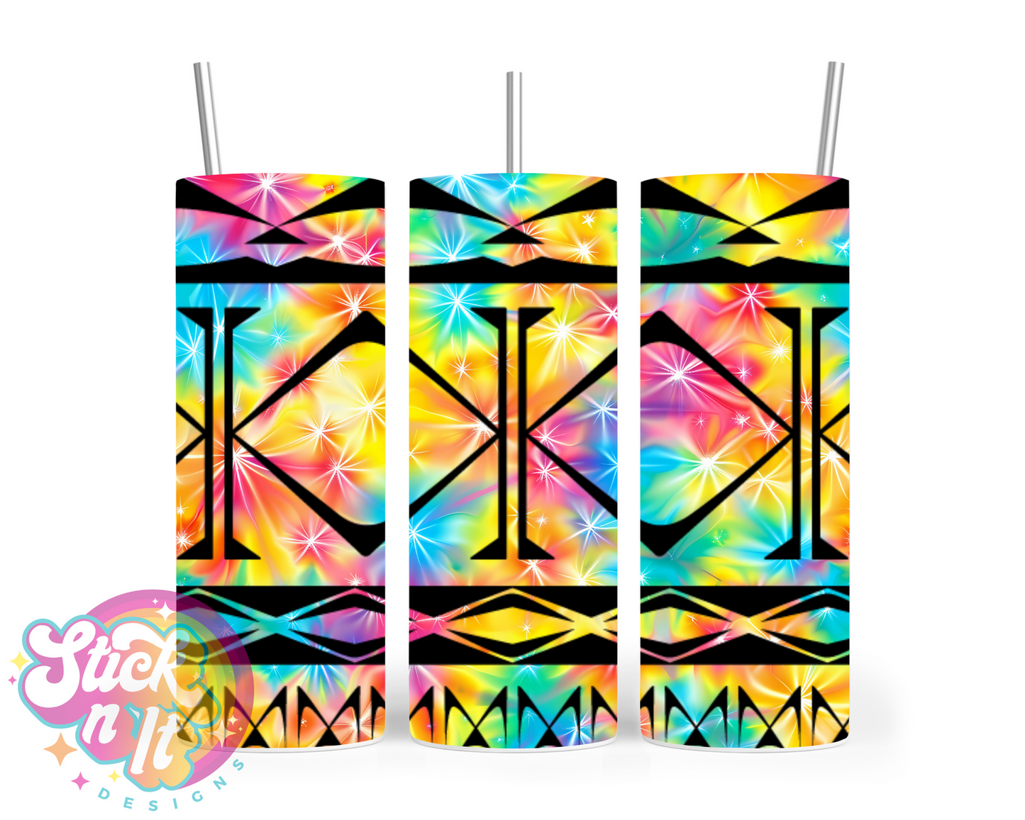 Insulated tumbler featuring Cook Islands Polynesian design in tie dye