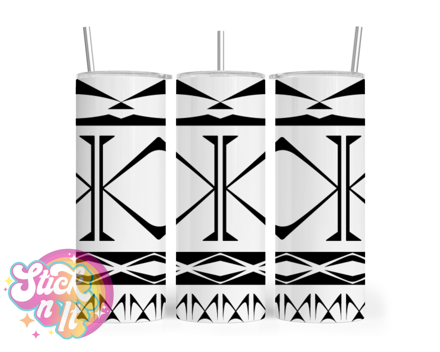Insulated tumbler featuring Cook Islands Polynesian design in white and black