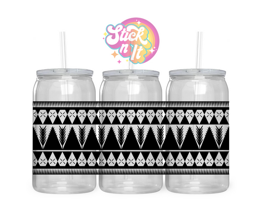 Acrylic cup with straw featuring a Polynesian Niue design in black