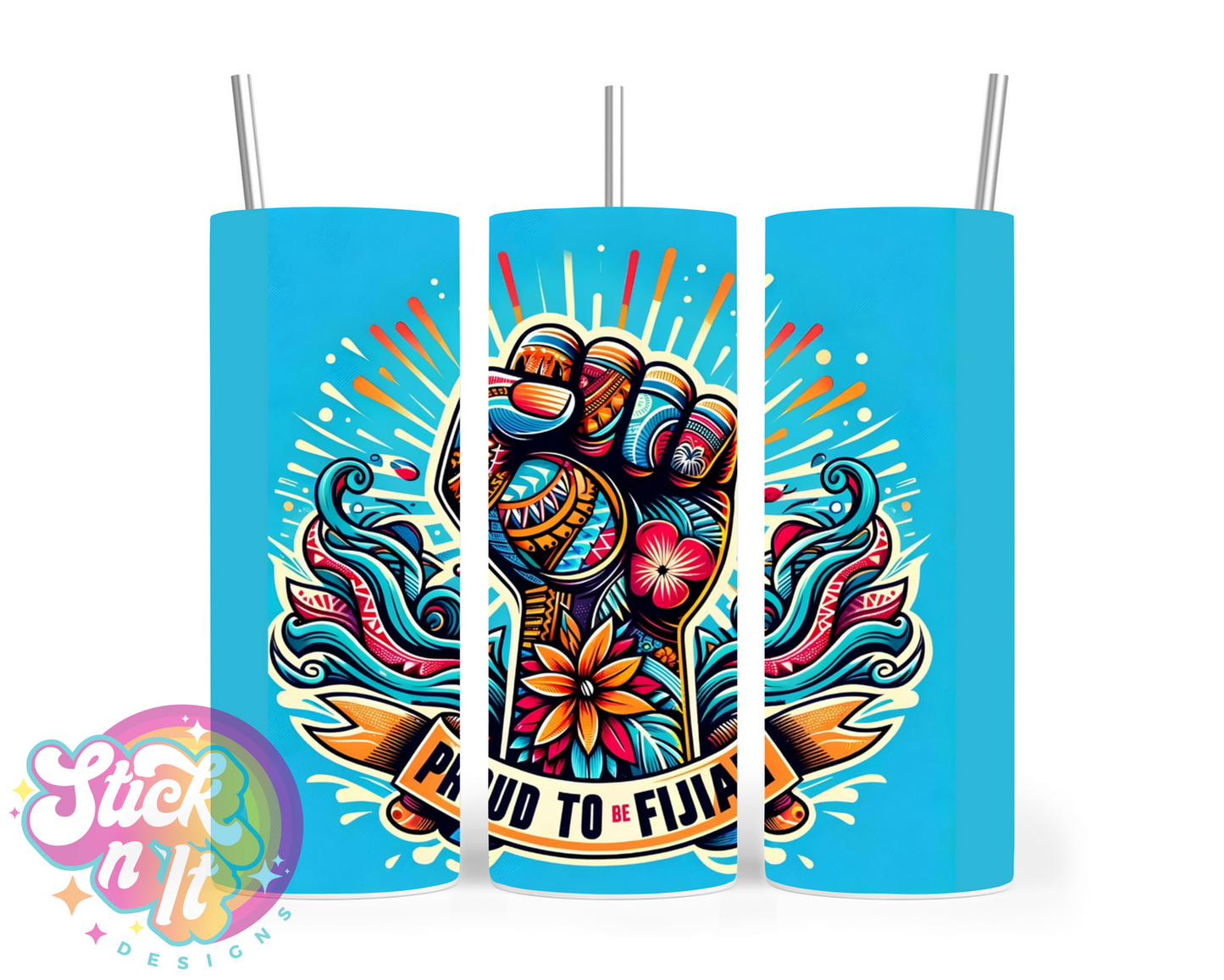 Stainless steel tumbler featuring a raised fist and quote Proud to be Fijian on a blue background
