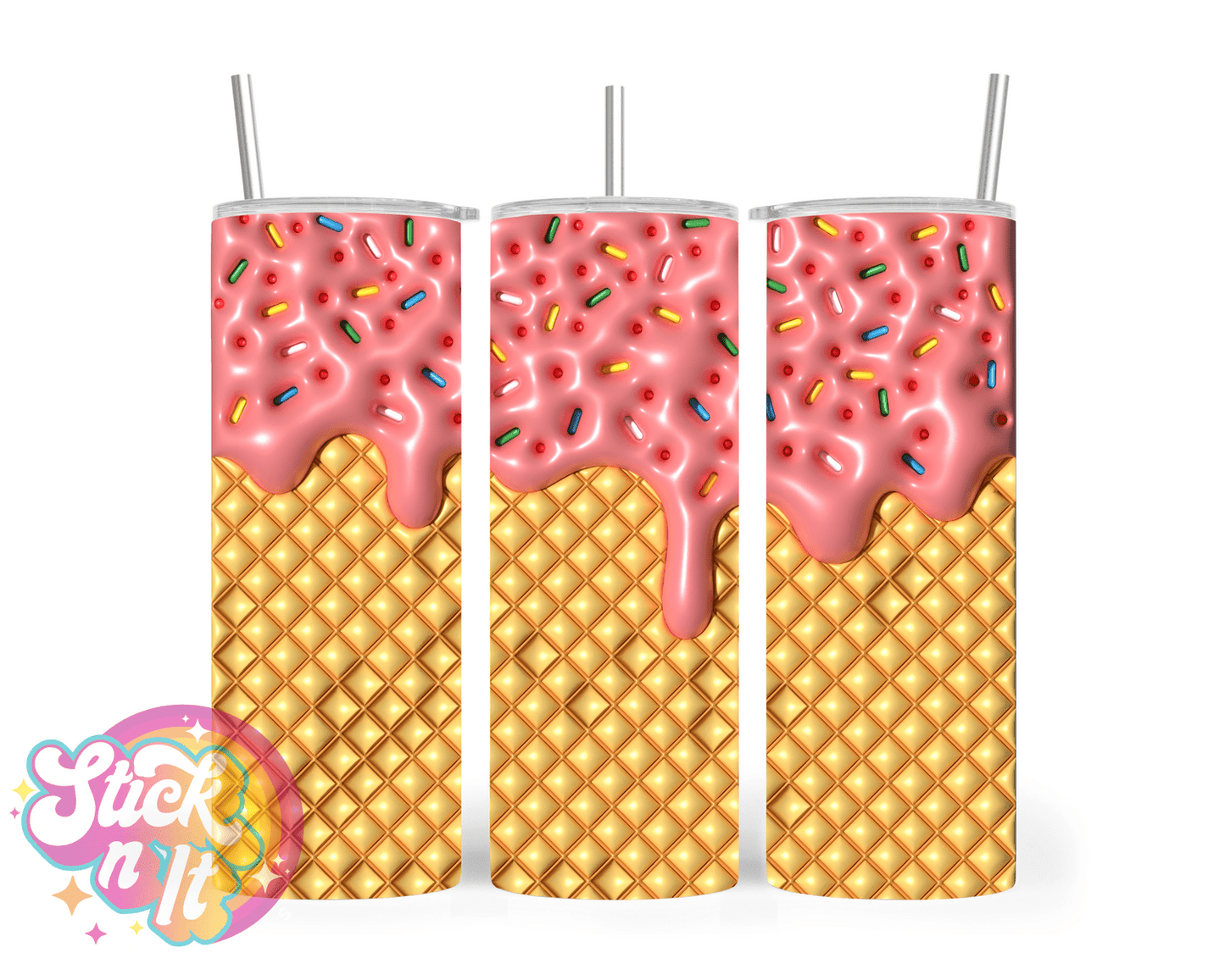 Stainless steel insulated tumbler featuring a puffy look dripping ice cream and cone
