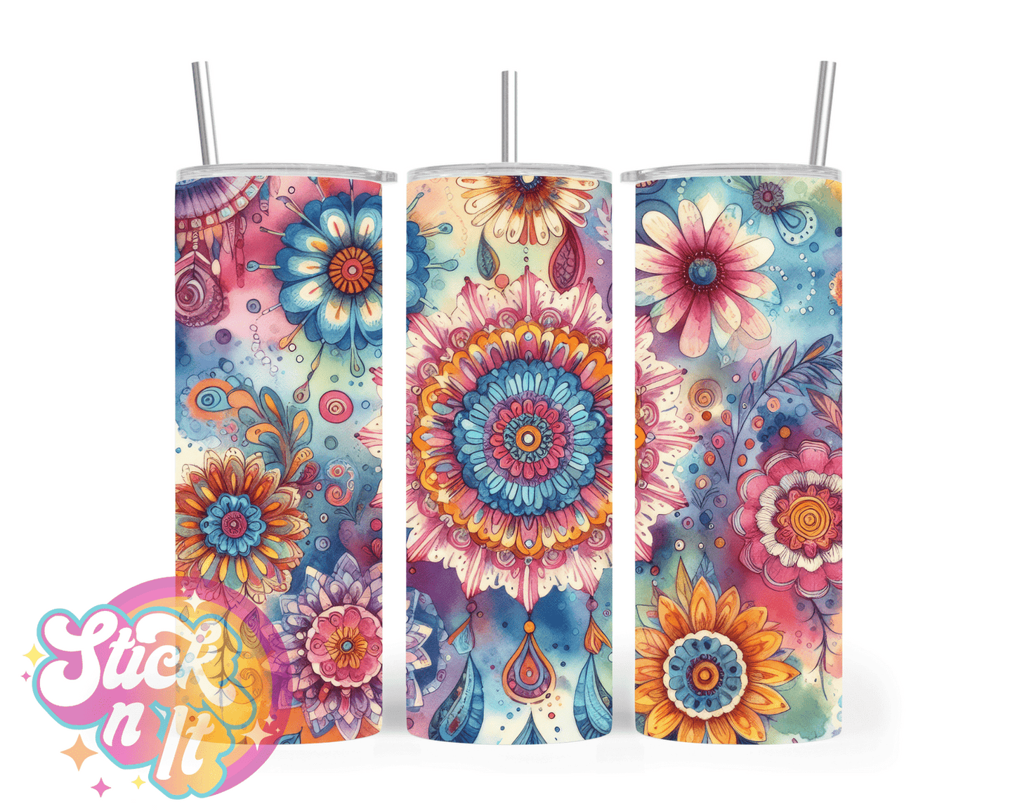 Stainless steel insulated tumbler featuring watercolour flower design