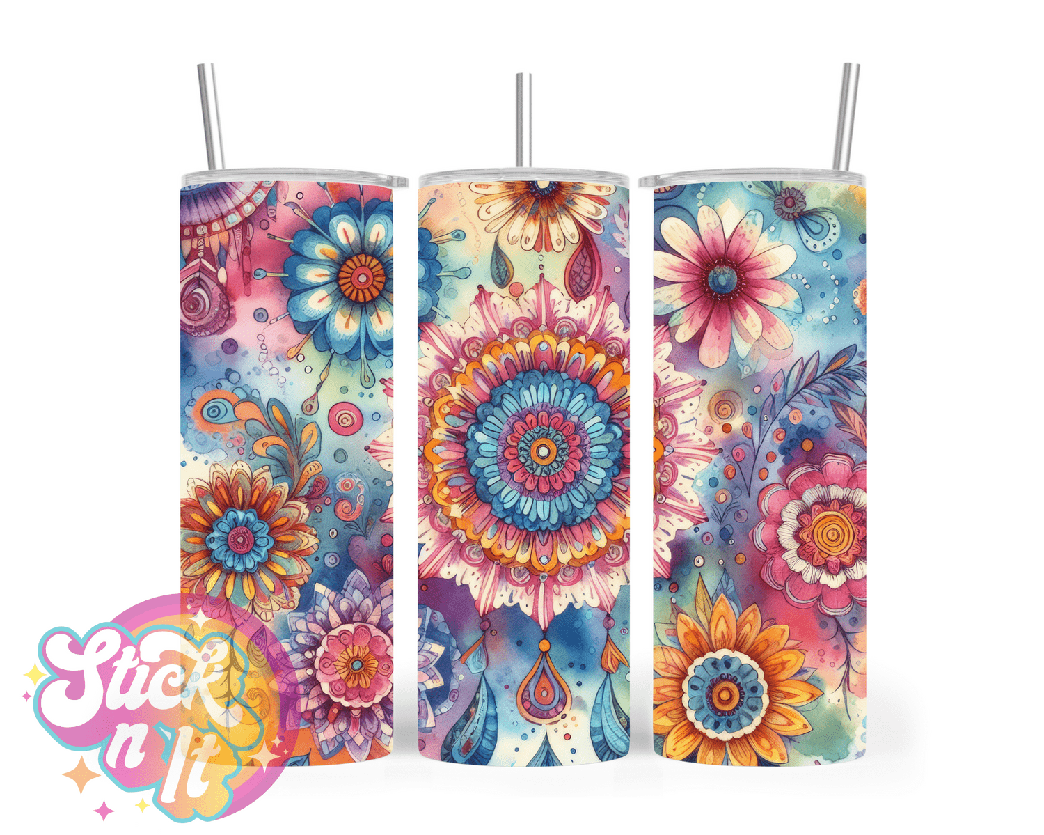 Stainless steel insulated tumbler featuring watercolour flower design