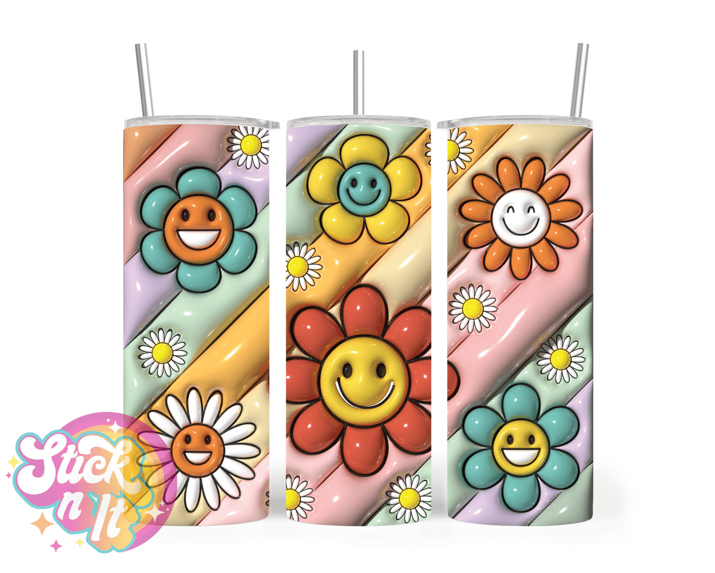 Stainless steel insulated tumbler featuring multicolour smiley faces