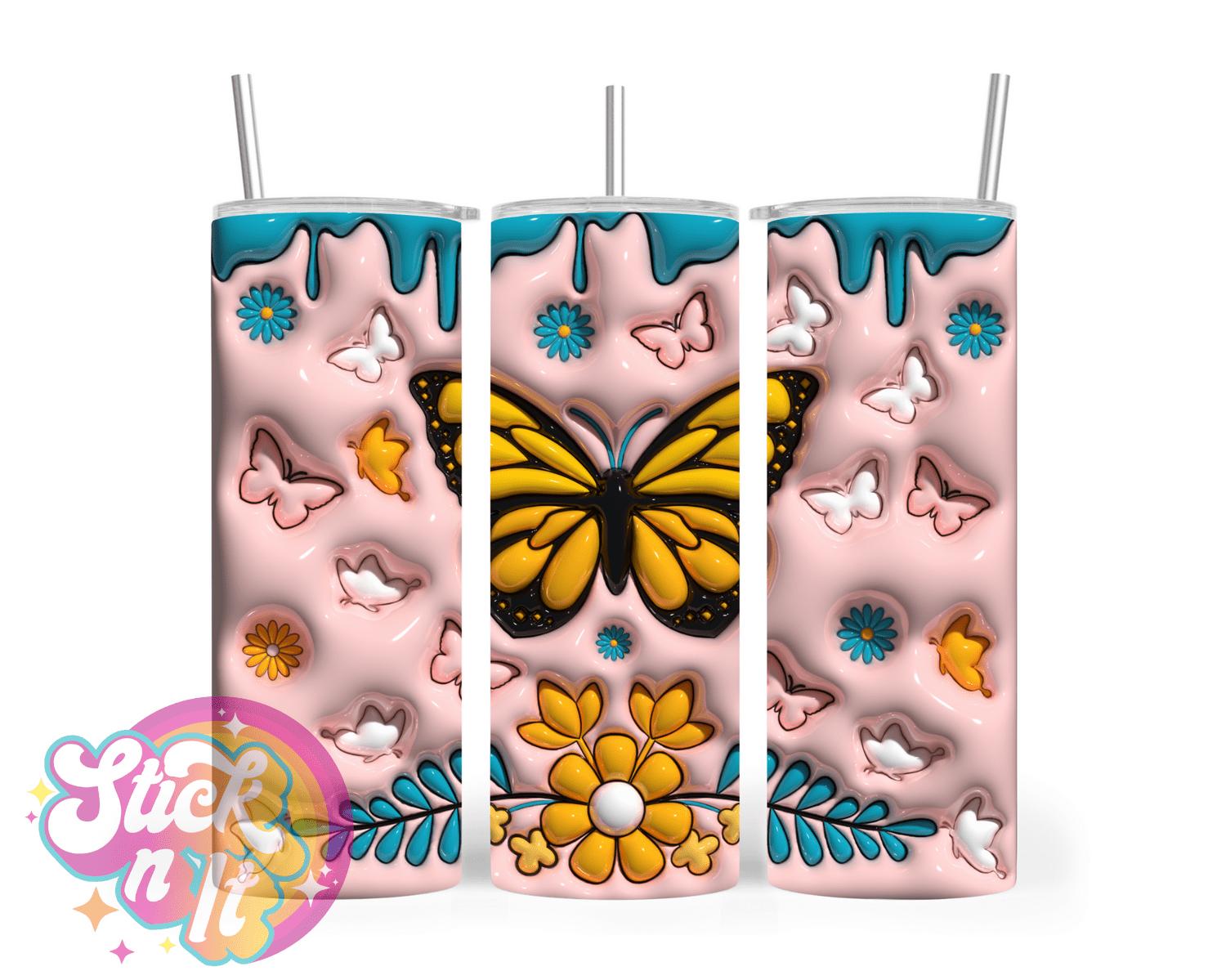 Stainless steel insulated tumbler featuring butterflies and flowers
