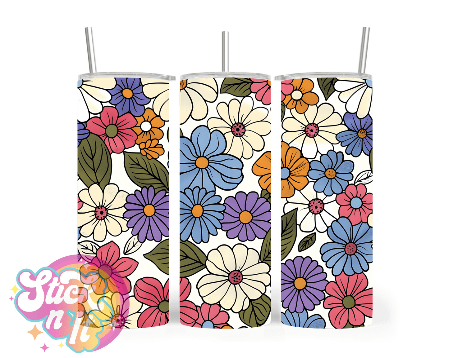 Stainless steel insulated tumbler featuring multicolour retro flowers
