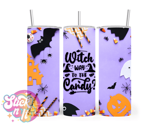 Stainless steel insulated tumbler with quote Witch way to the candy
