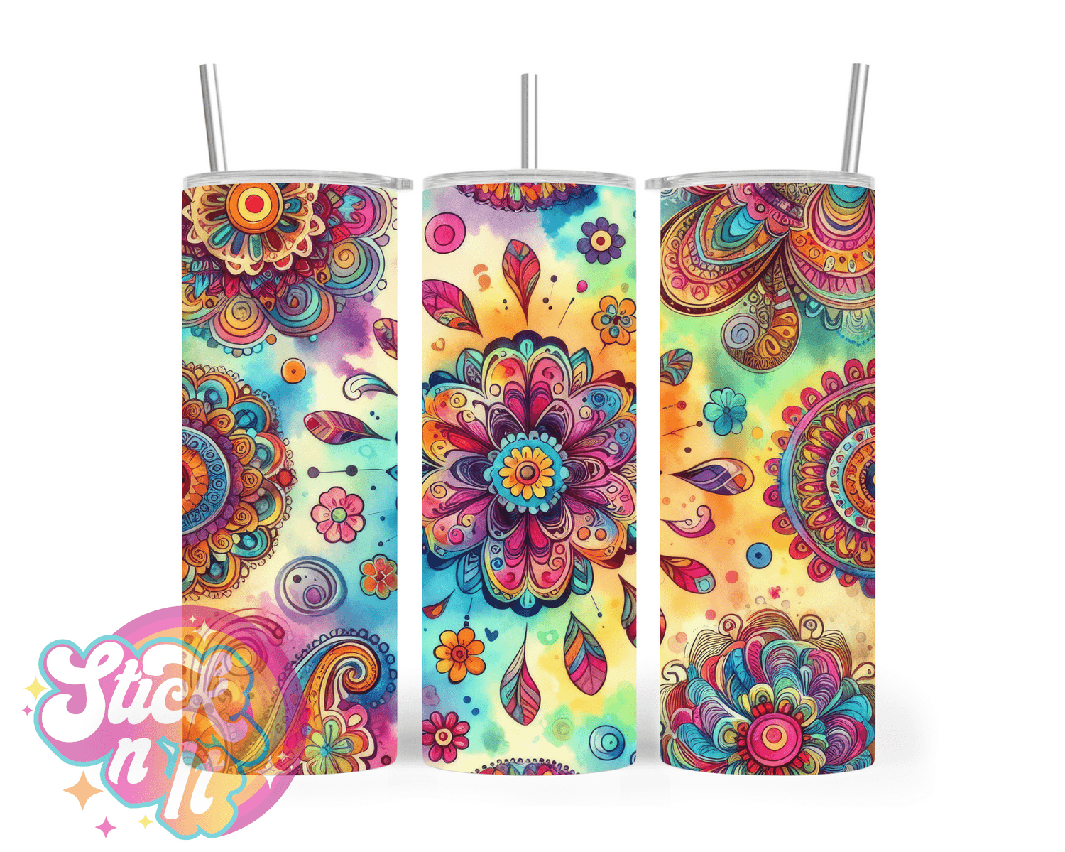 Stainless steel insulated tumbler featuring watercolour design