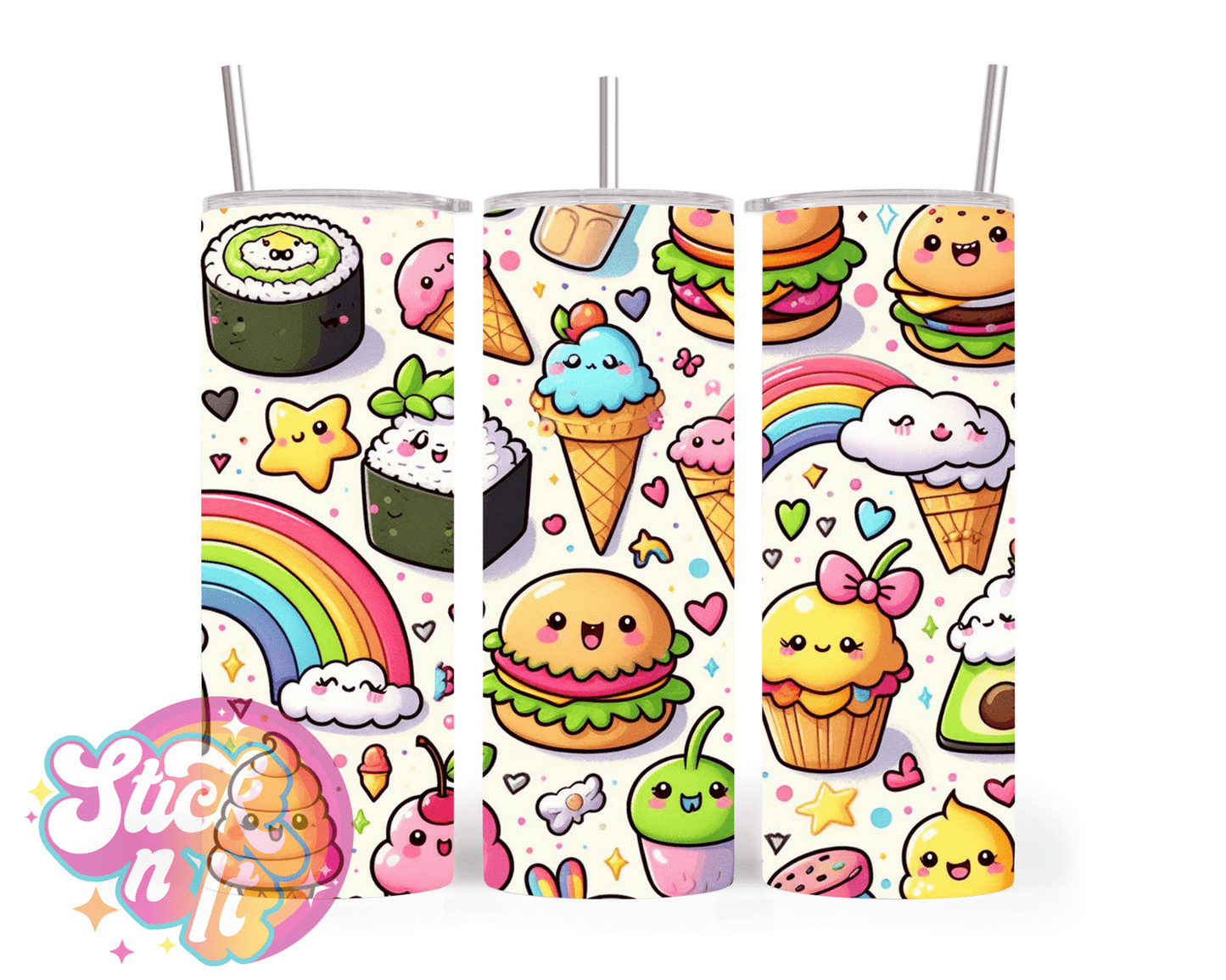 Stainless steel insulated tumbler featuring kawaii food with faces