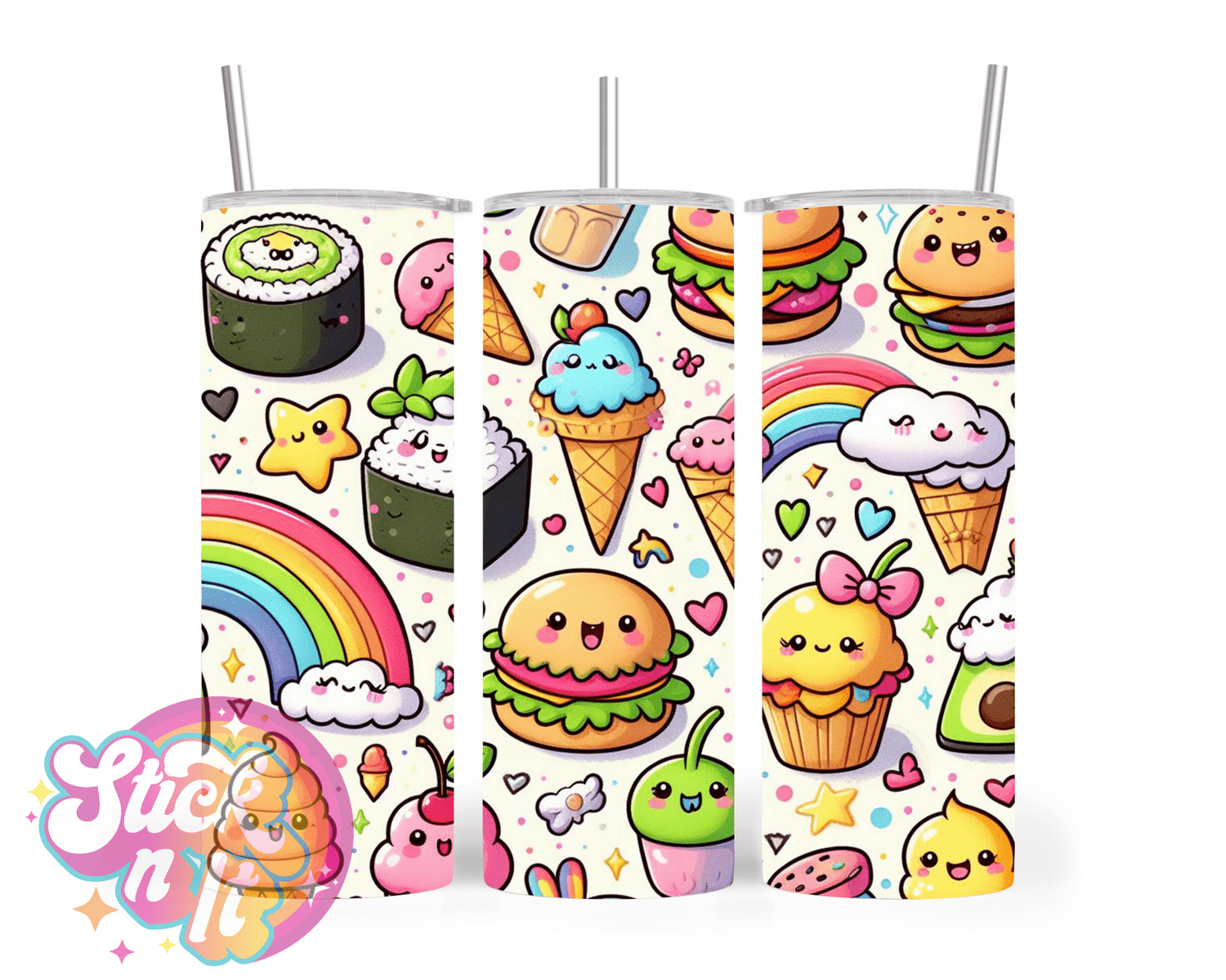 Stainless steel insulated tumbler featuring kawaii food with faces