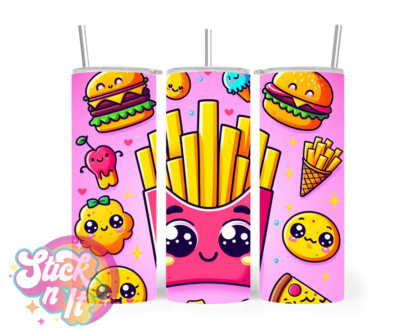 Stainless steel insulated tumbler featuring kawaii fries, burgers with faces