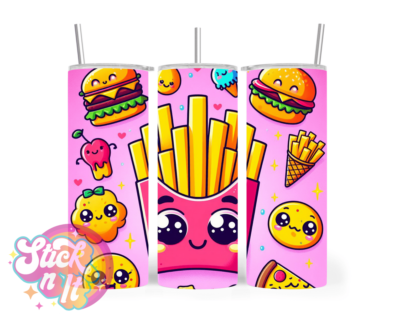 Stainless steel insulated tumbler featuring kawaii fries, burgers with faces