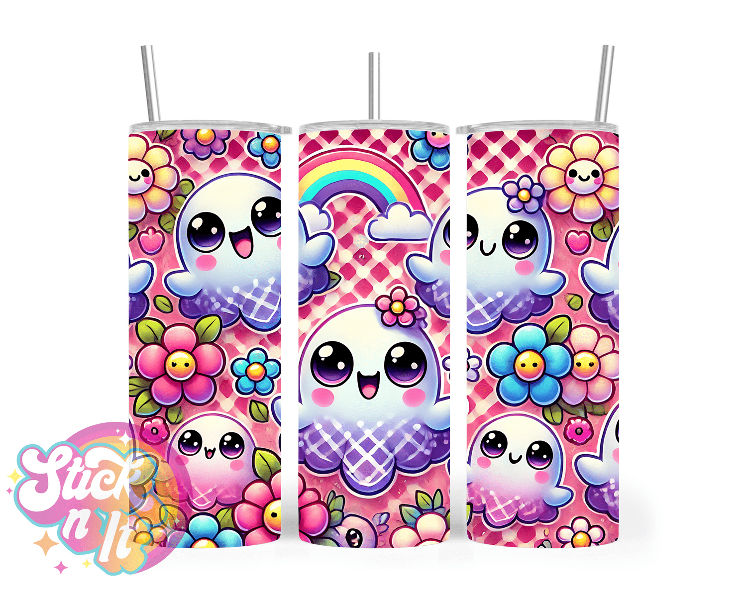 Stainless steel insulated tumbler featuring kawaii ghosts and rainbows