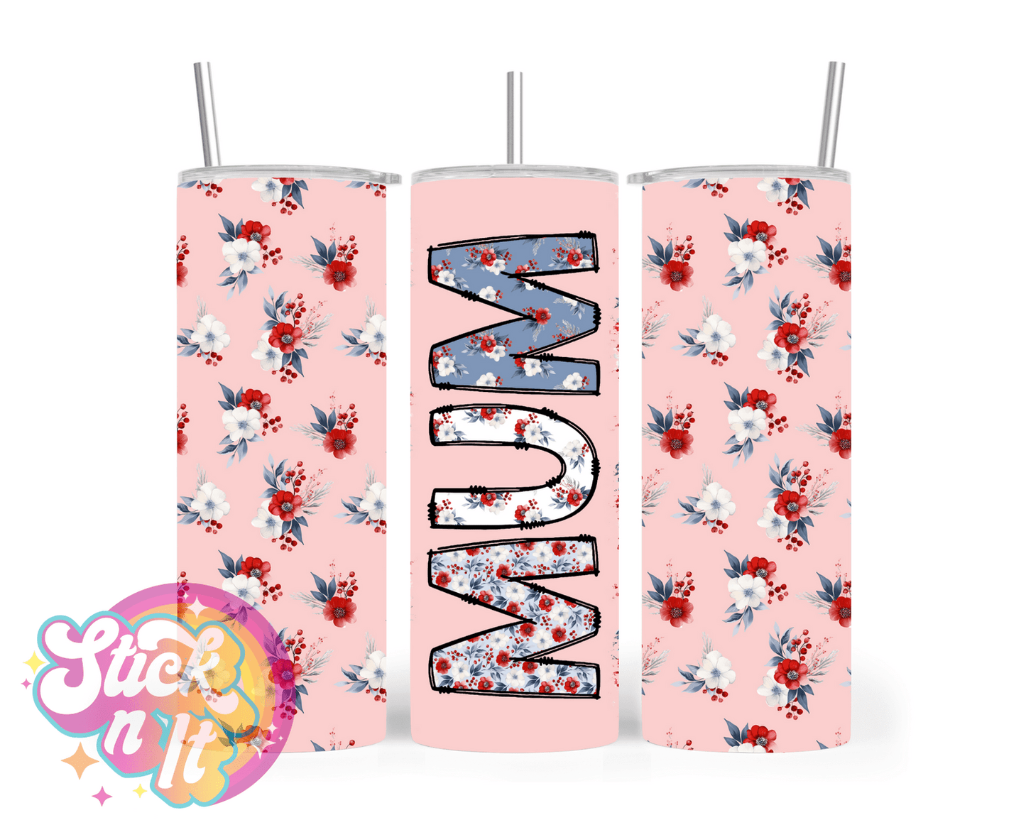 Stainless steel insulated tumbler for mum with flowers in patchwork and red and blue