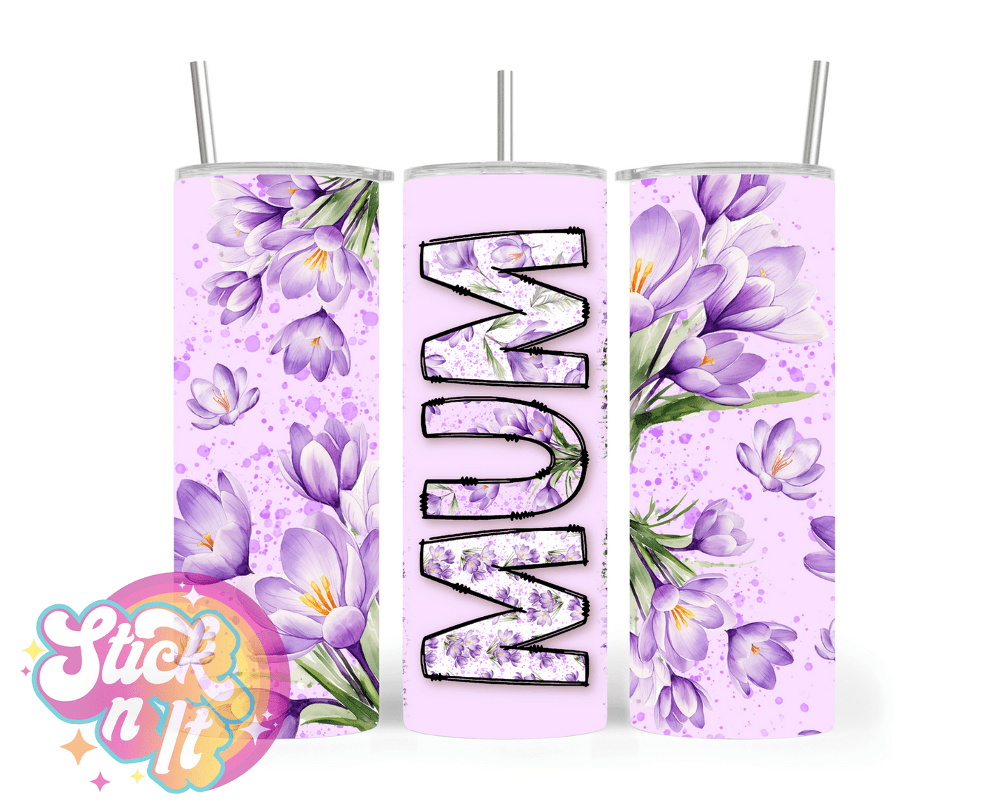 Stainless steel insulated tumbler for mum with flowers in purple