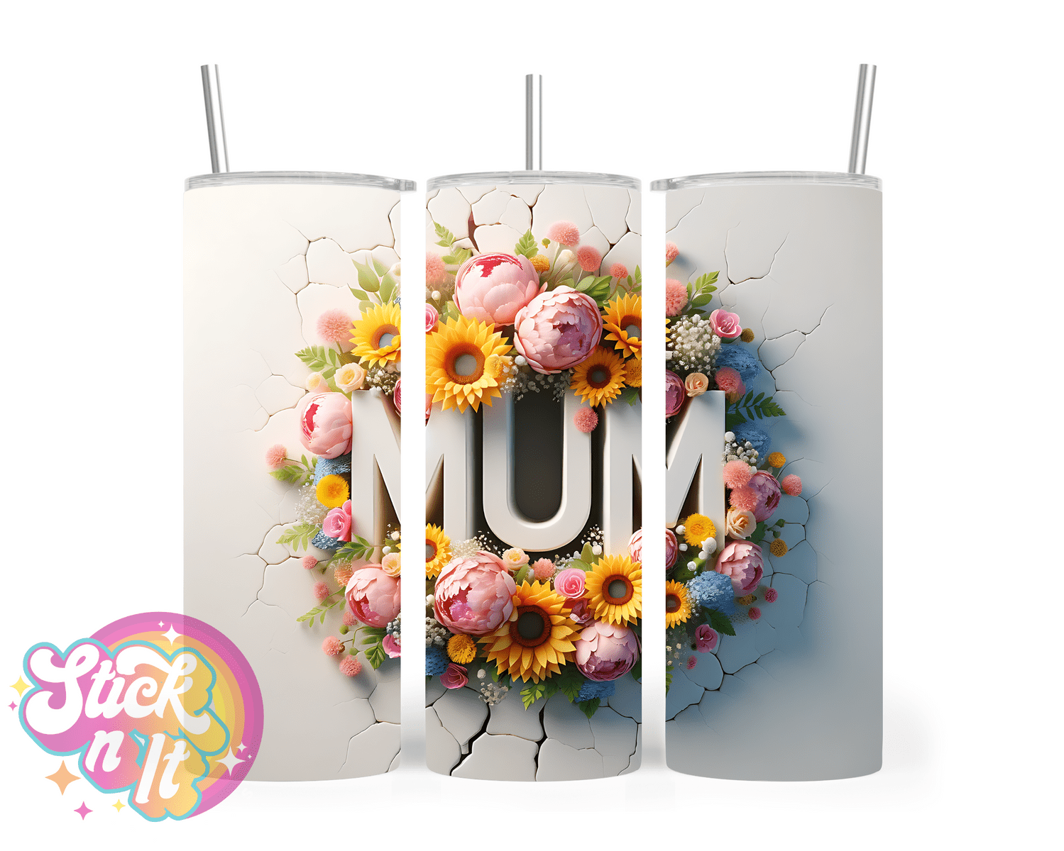 Stainless steel insulated tumbler featuring floral wreath with mum inside