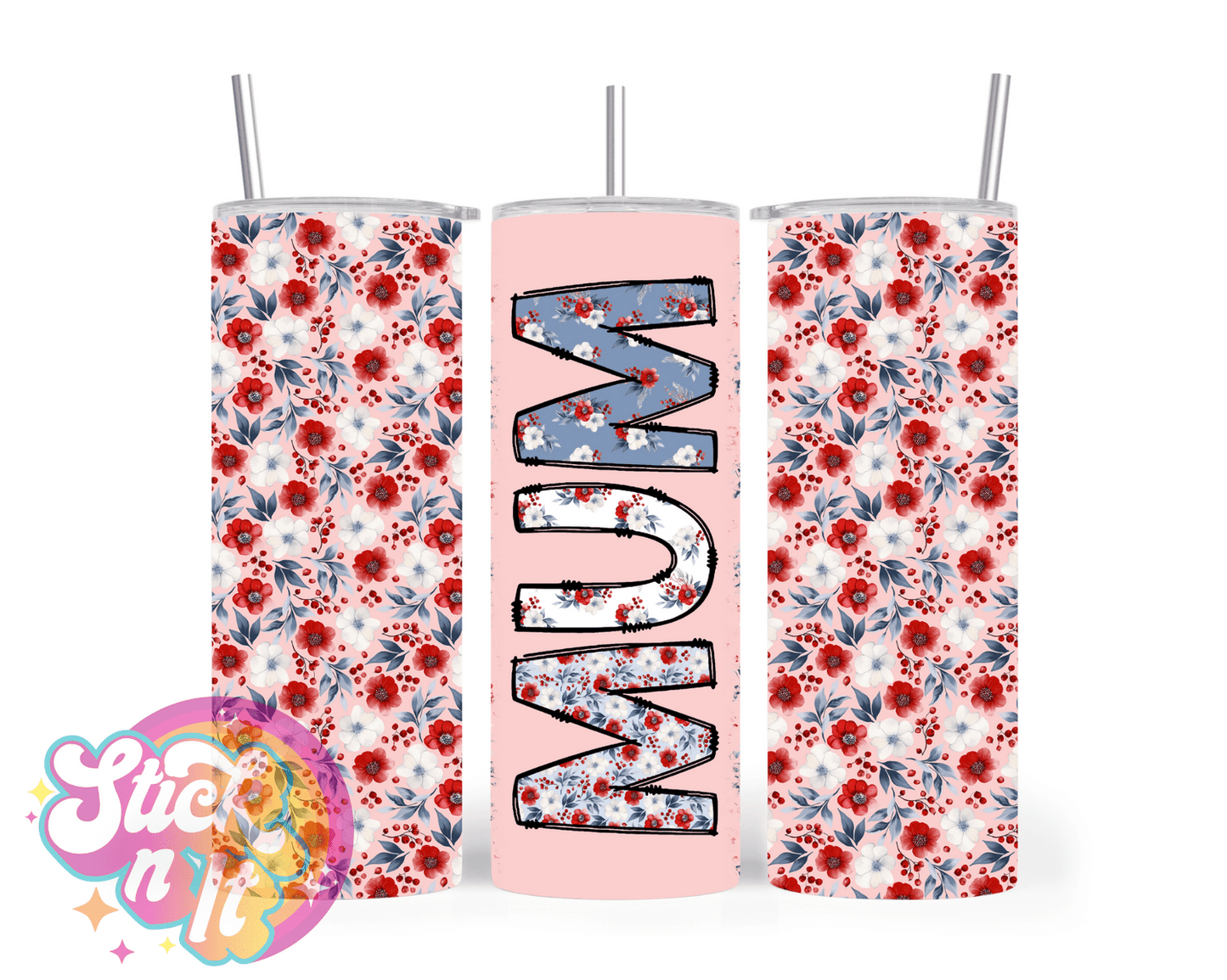 Stainless steel insulated tumbler for mum with flowers in blue and red