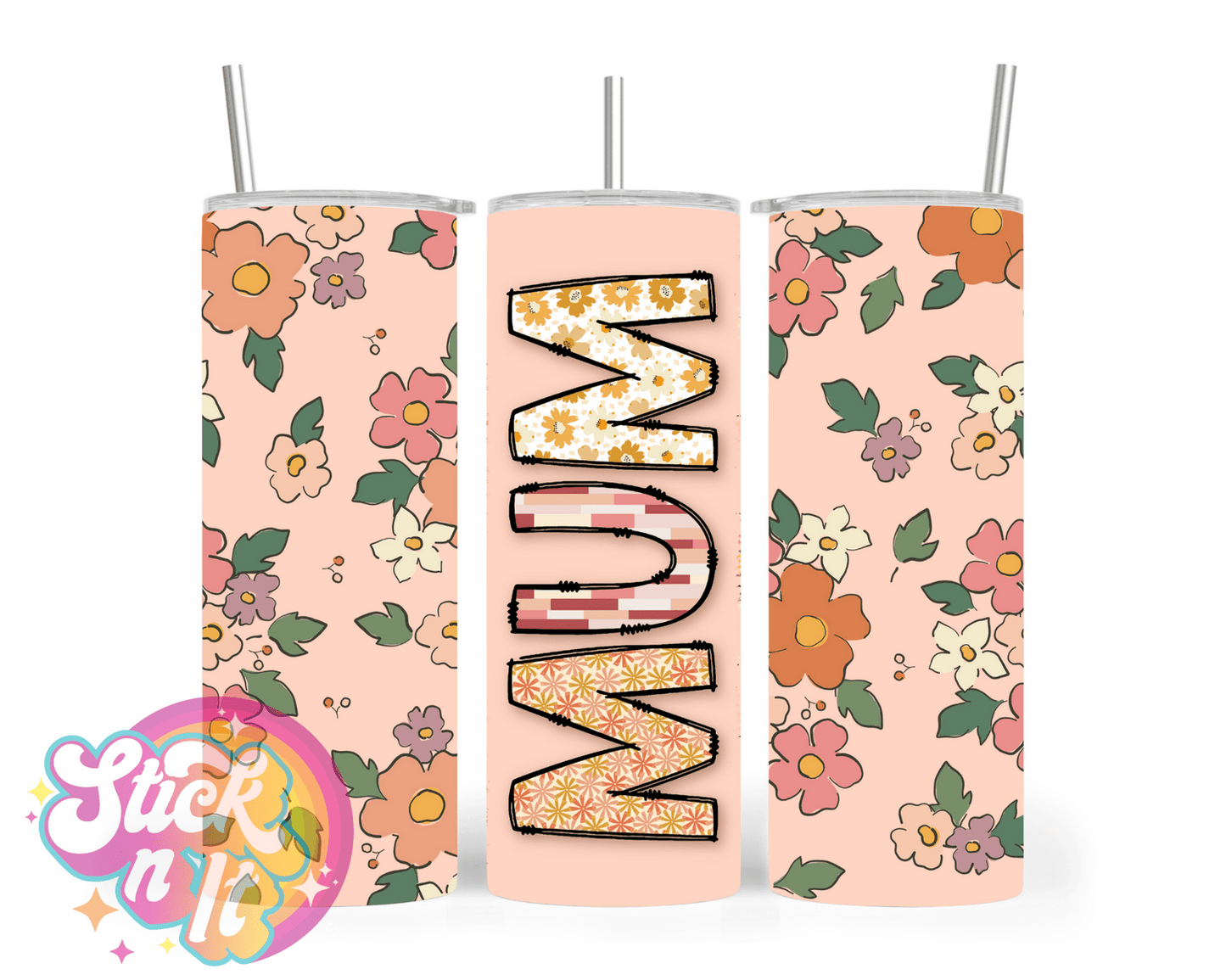 Stainless steel insulated tumbler for mum with flowers in earthy tones