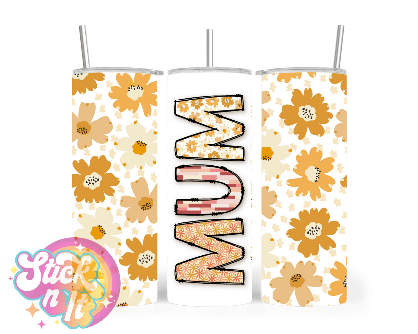 Stainless steel insulated tumbler for mum with flowers in caramel