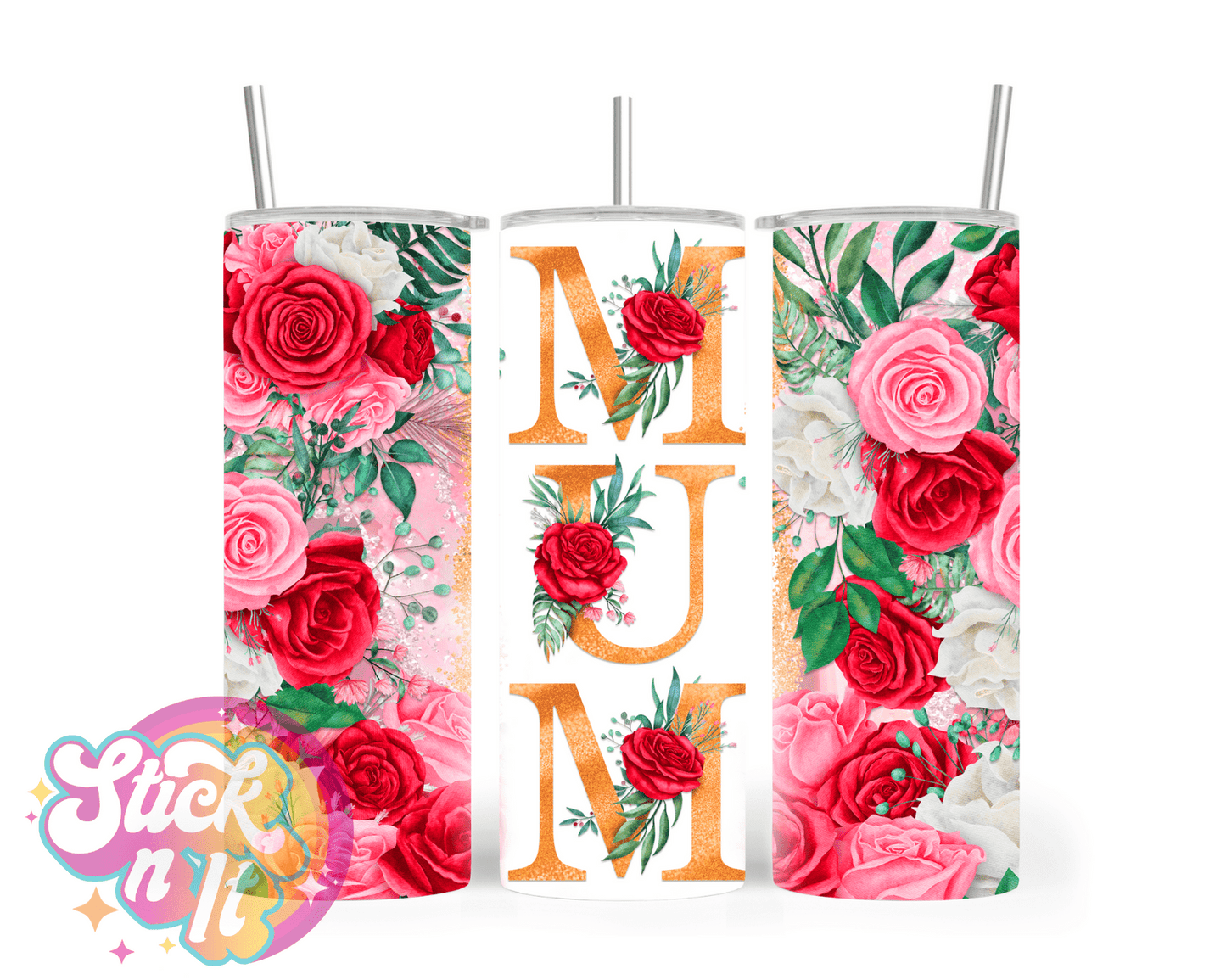 Stainless steel insulated tumbler for mum with flowers in red and white and pink