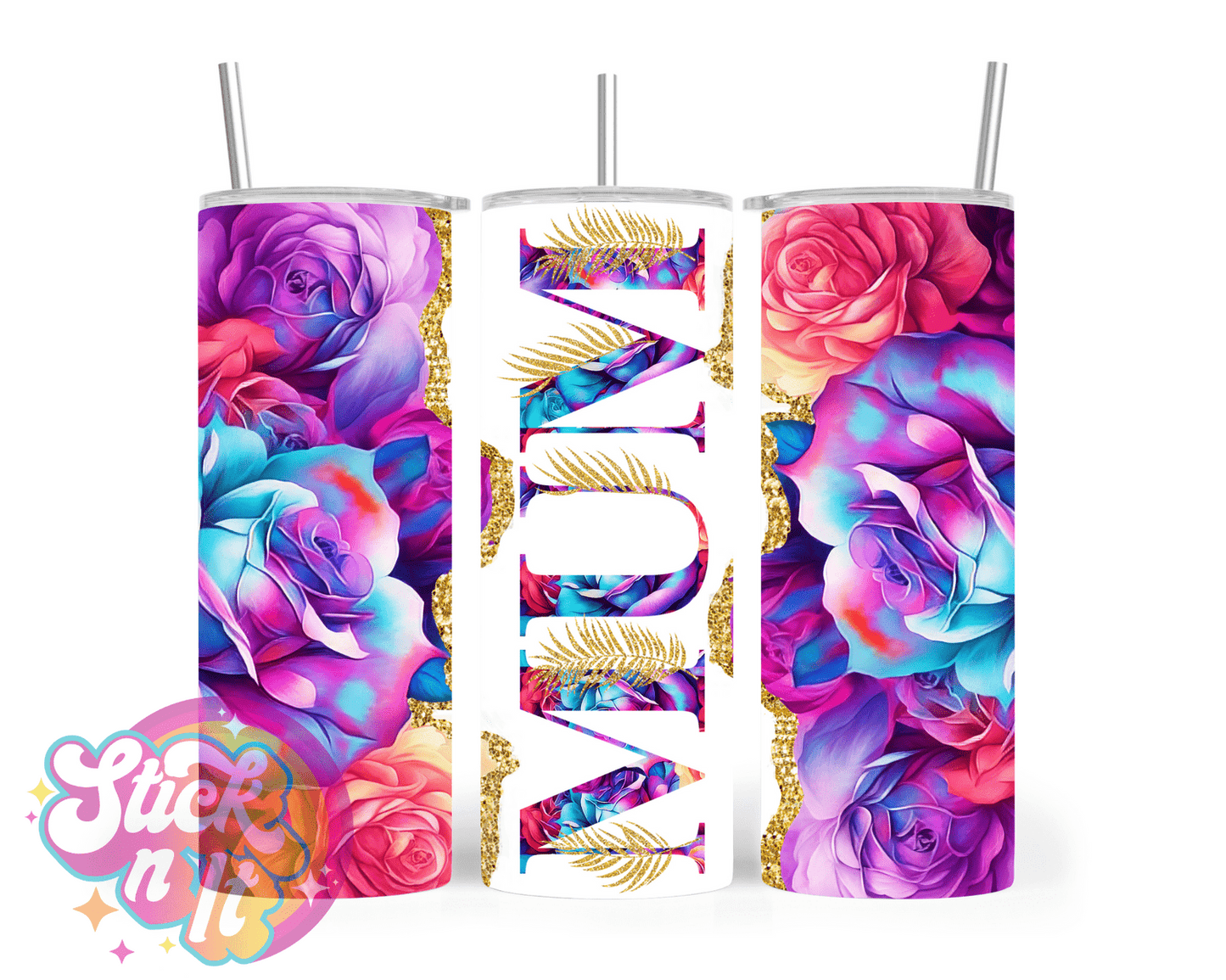 Stainless steel insulated tumbler for mum with flowers in purple ombre