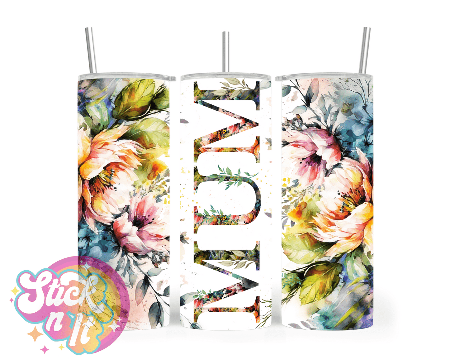 Stainless steel insulated tumbler for mum with flowers in watercolour