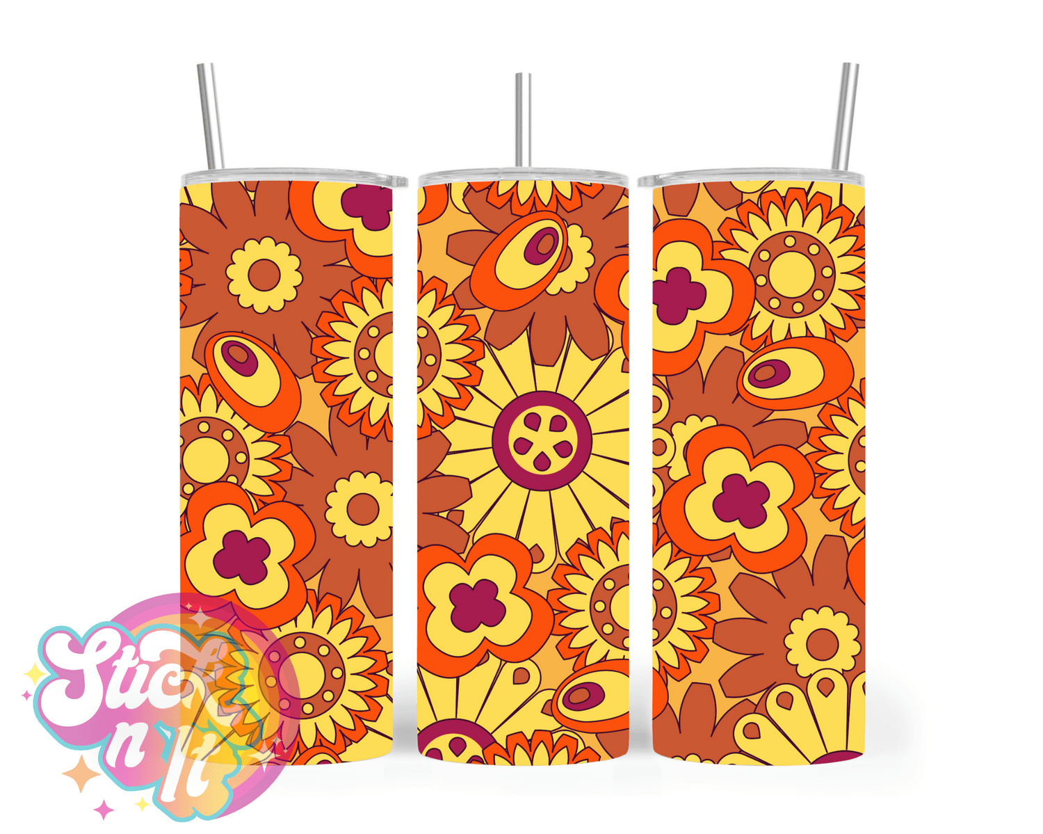 Stainless steel insulated tumbler featuring orange flowers