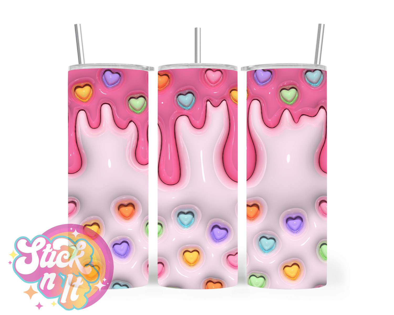 Stainless steel insulated tumbler featuring dripping candy hearts