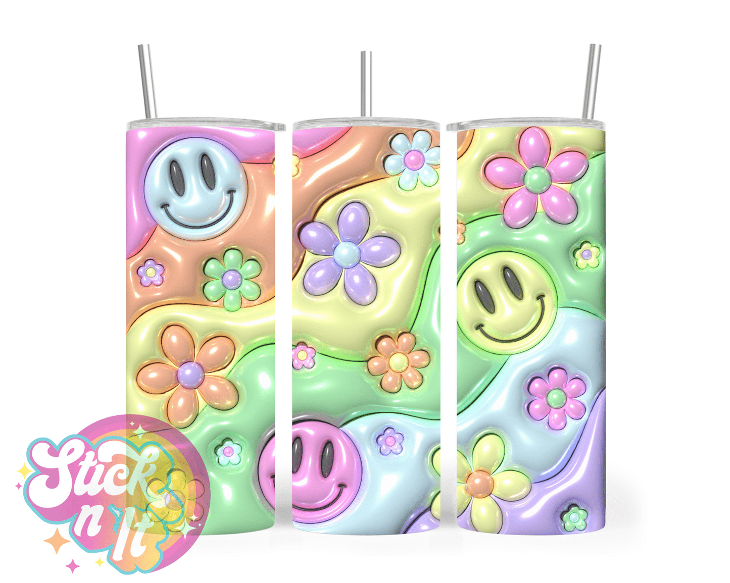 Stainless steel insulated tumbler featuring pastel smiley faces