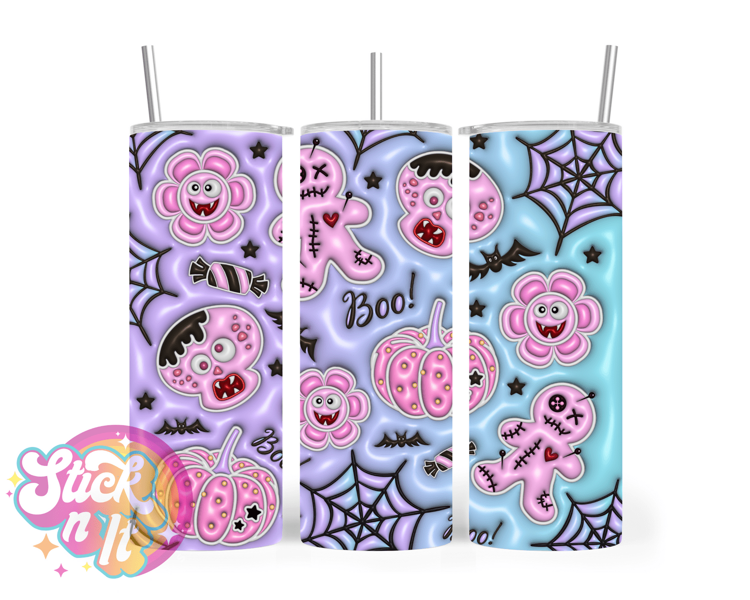 Stainless steel insulated tumbler with quote Boo! and pastel Halloween images
