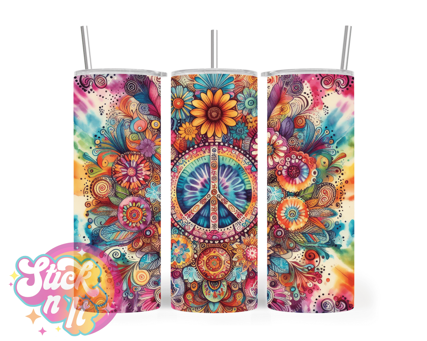 Stainless steel insulated tumbler featuring watercolour design with peace sign
