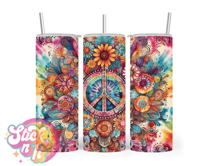 Stainless steel insulated tumbler featuring watercolour design with peace sign