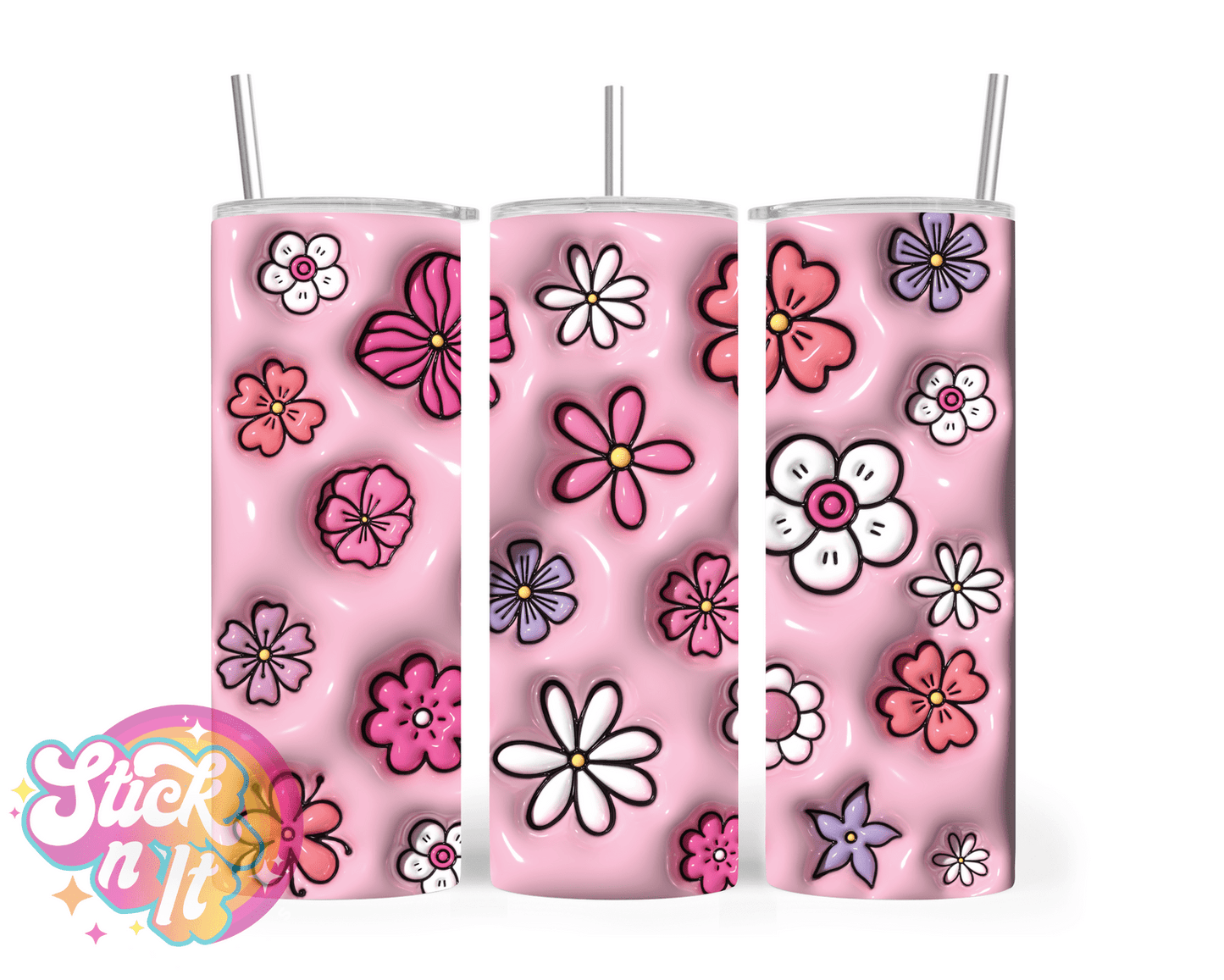 Stainless steel insulated tumbler featuring retro flowers in pinks