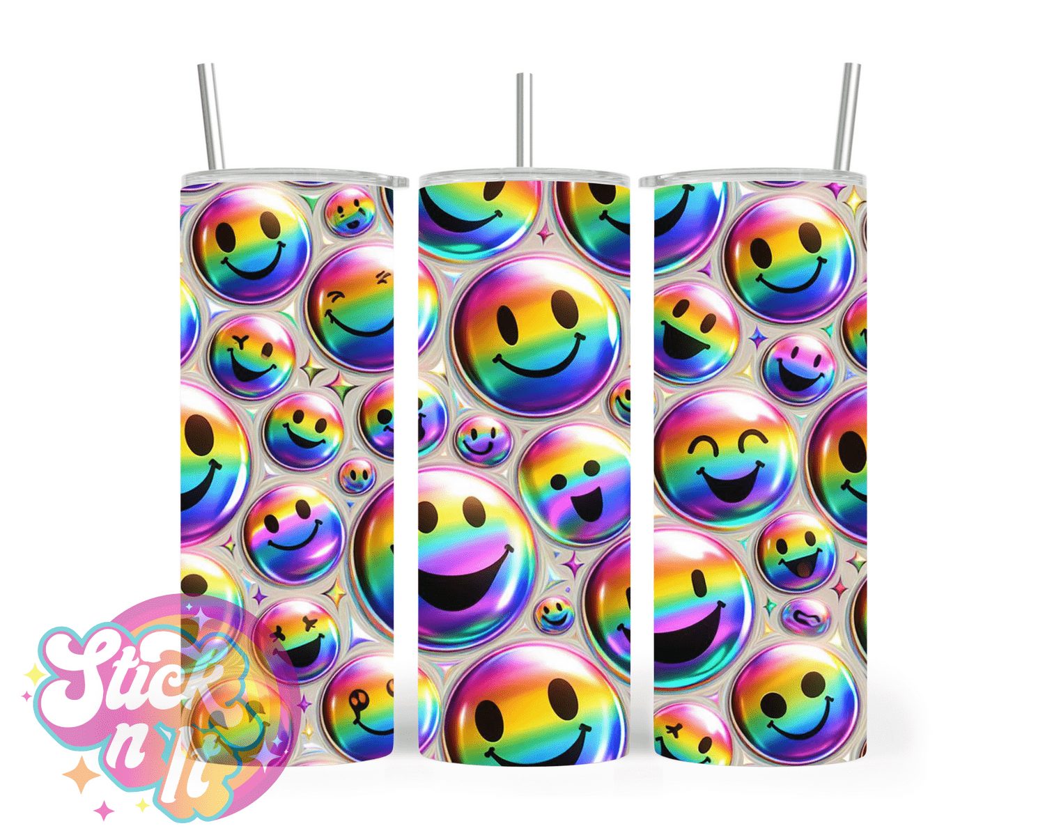 Stainless steel insulated tumbler featuring rainbow smiley faces