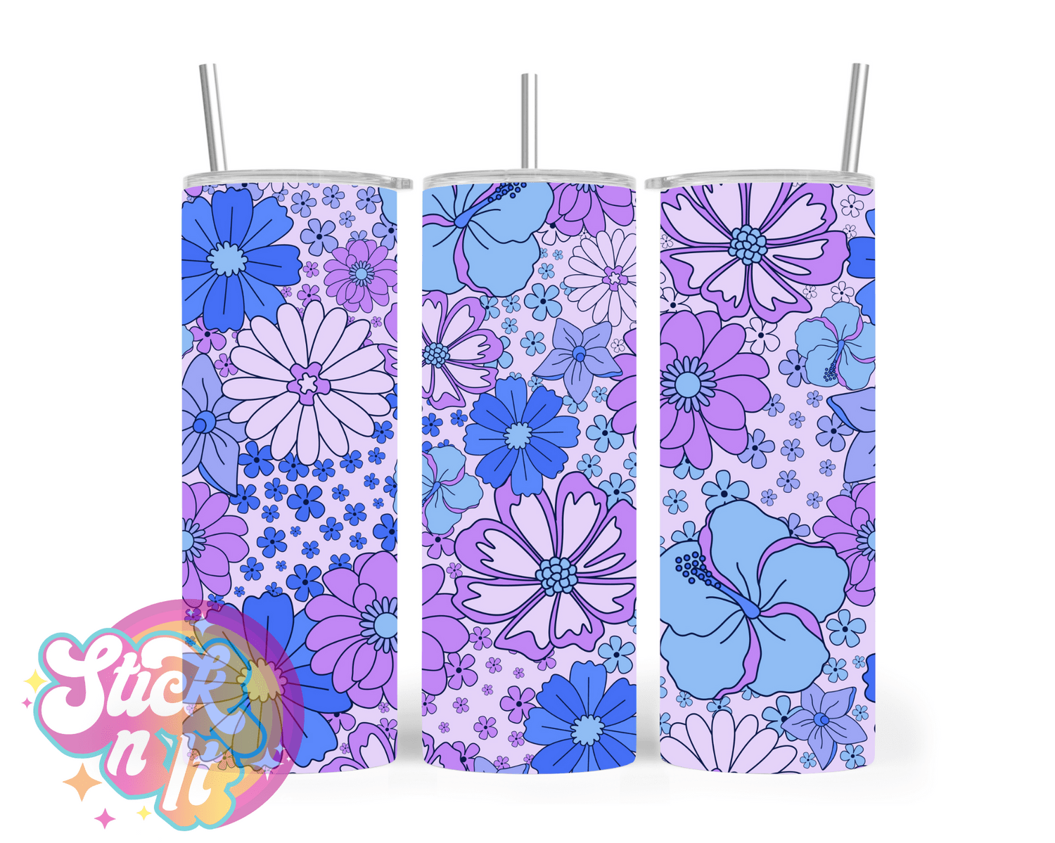 Stainless steel insulated tumbler featuring retro flowers in blues and purples