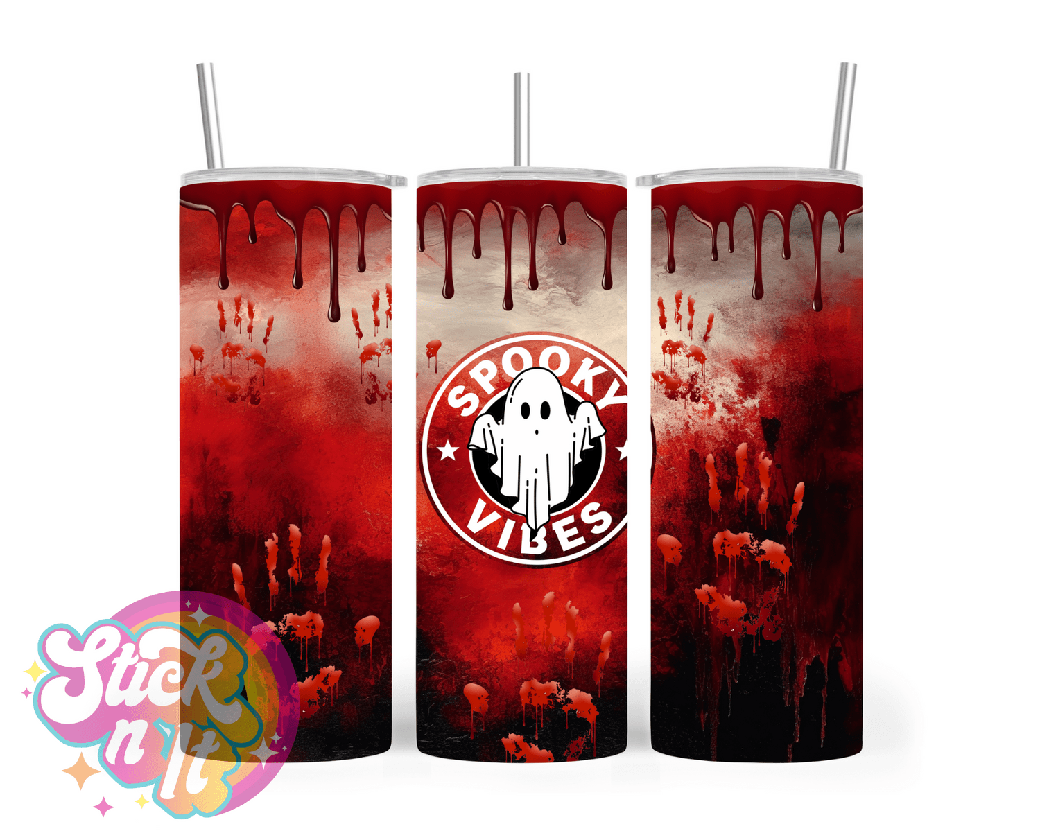 Stainless steel insulated tumbler with quote stay spooky with bloody hand prints
