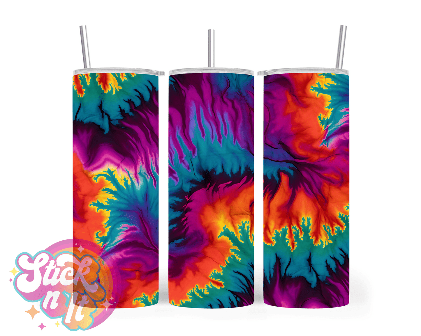 Stainless steel insulated tumbler featuring swirl tie dye design