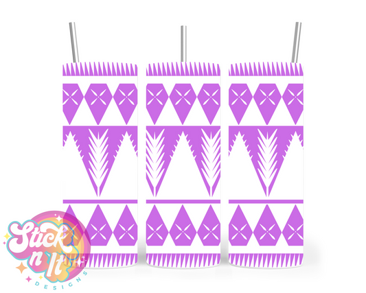 Stainless steel insulated tumbler with white Polynesian Niue design on purple