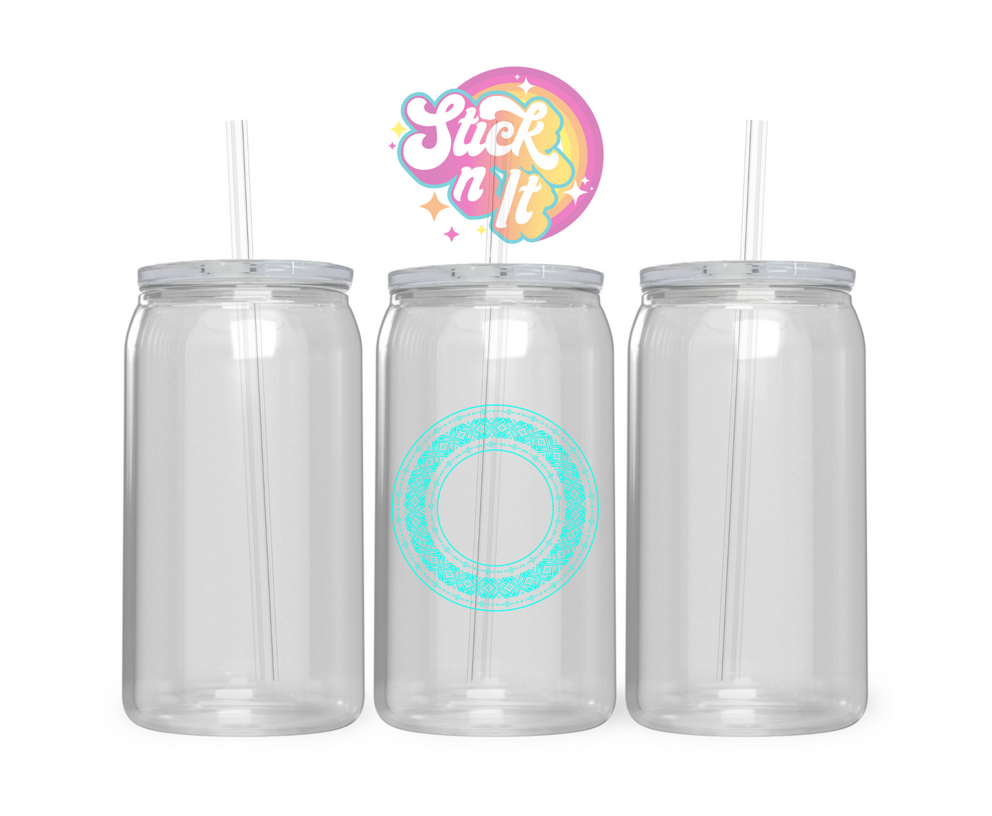Acrylic cup featuring a round Pacific Islands Samoa design wrap in aqua