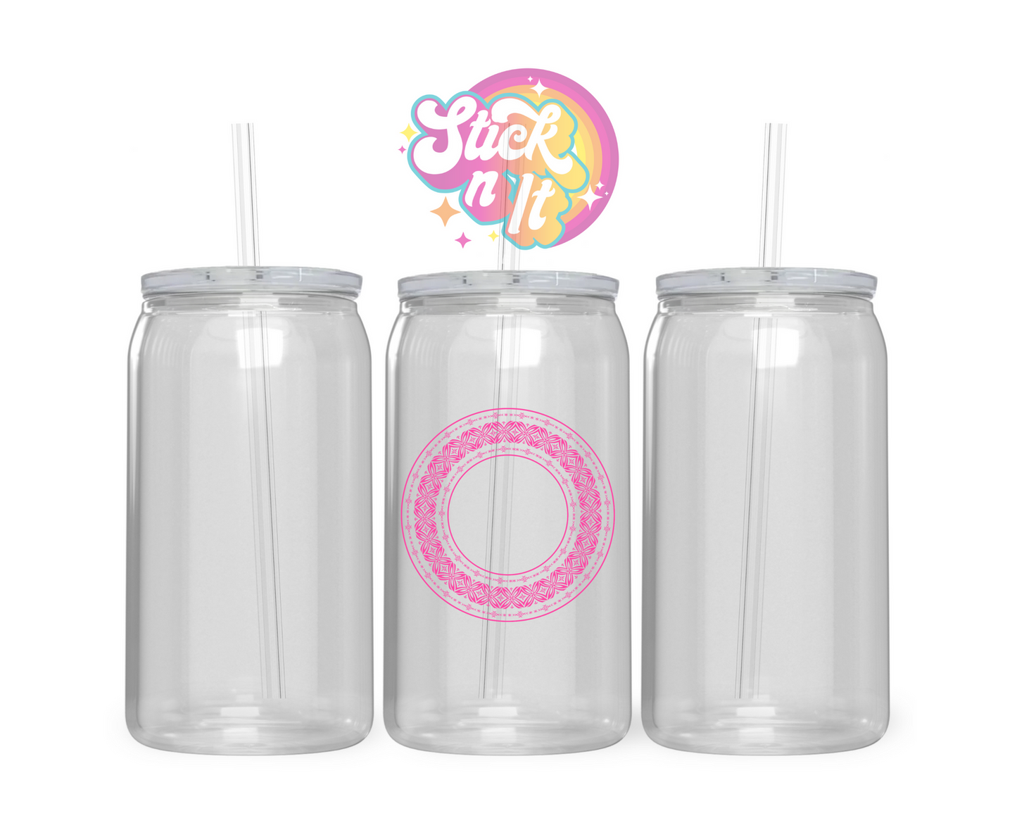 Acrylic cup featuring a round Pacific Islands Samoa design wrap in pink