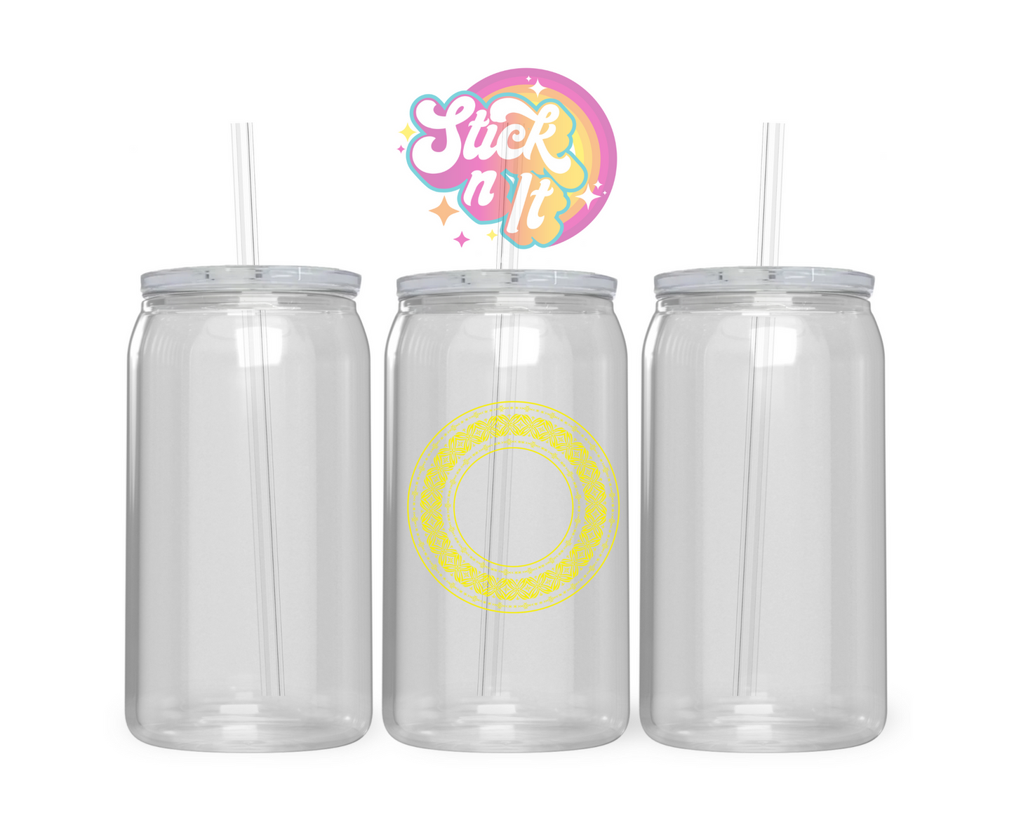 Acrylic cup featuring a round Pacific Islands Samoa design wrap in yellow