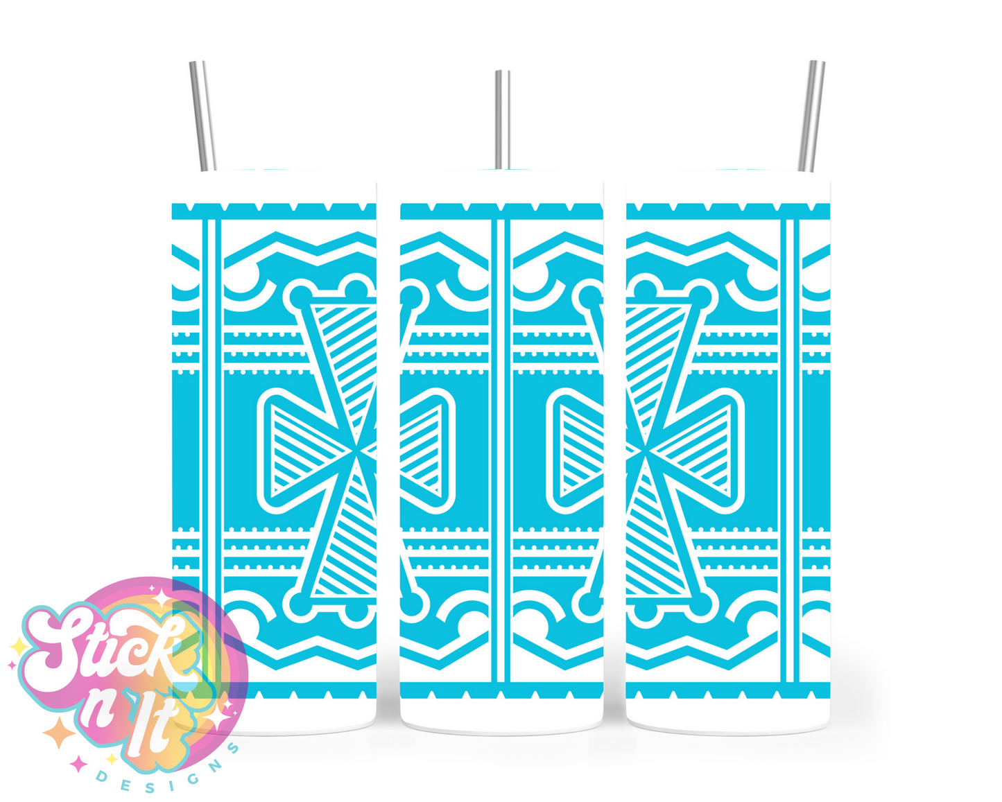Stainless steel tumbler featuring a white Pacific Islands PNG design in aqua