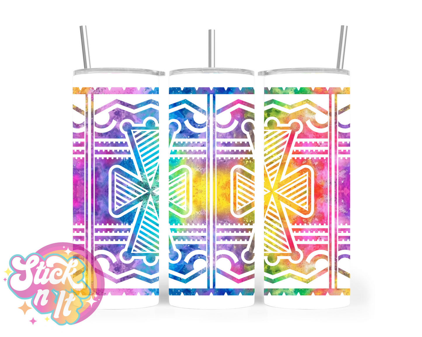 Stainless steel tumbler featuring a white Pacific Islands PNG design in watercolour